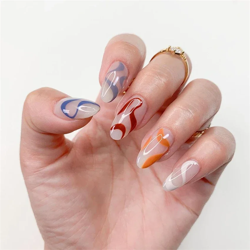 

24Pcs/Set Art Lines Colourful Waves Wearing False Nails Tips Removable Acrylic Fake Nails Artificial Adhesive Press on Nails