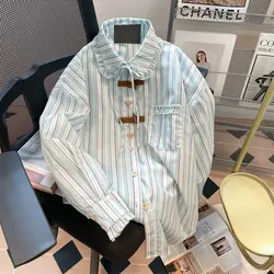 Female Peter Pan Collar Buttons Striped Shirts Autumn Trend Pocket Ruffles Turn-down Collar Long Sleeve Shirts Casual Top Tee