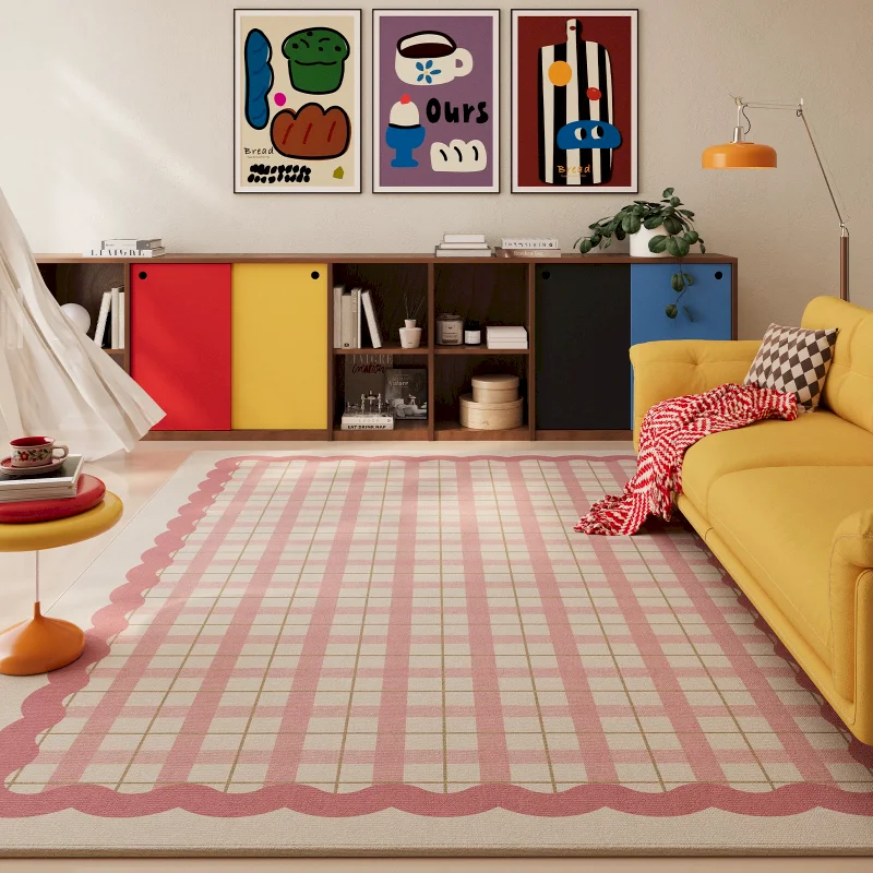 VIKAMA Pink Checkered Plaid Area Rug Wavy Edge Carpet Living Room Floor Mat Washable Soft For Bedroom Decor