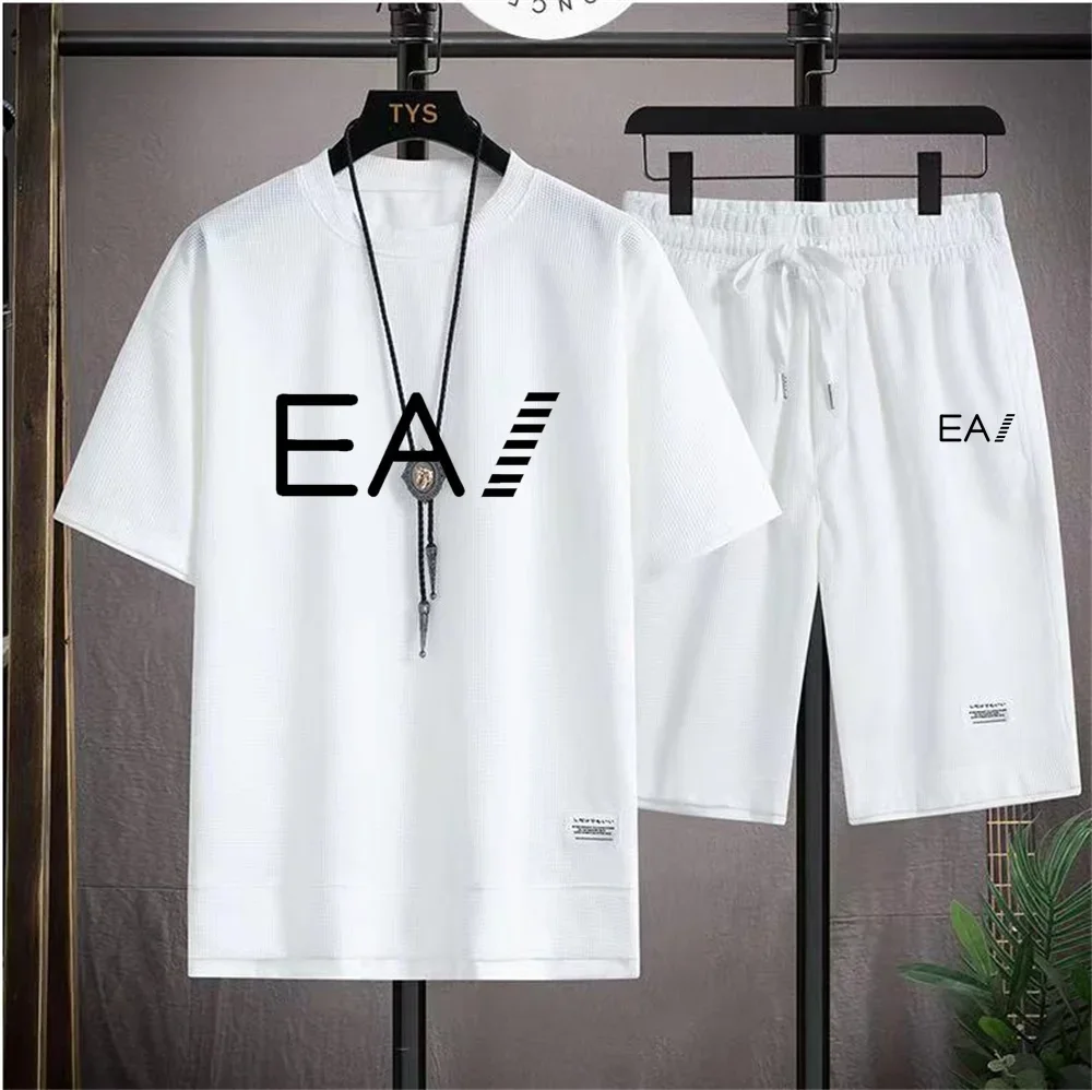 Men's summer new round necked short sleeved and shorts two-piece set with the letters EA1 printed, fashionable and casual set