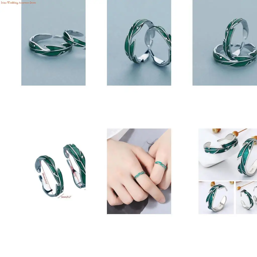 G92D 2Pieces Green Plantain Open Rings for Women Men Gifts Vintage Leaves Finger Ring Silver Fashion Party Jewelry Gifts