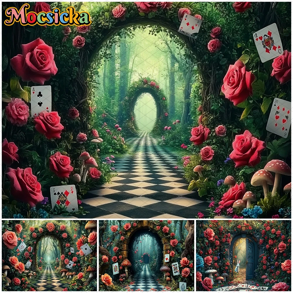 

Mocsicka Spring Photo Backdrop Green Forest Path Rose Mushroom Card Picture Decors Easter Natural Scenery Photography Background