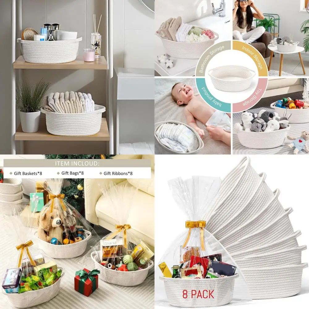 

8 Pack Small Woven Basket with Gift Bags and Ribbons, All 12"x 8"x 5", Empty Decorative Gift Chest Box, Cute Baby Gift Basket fo