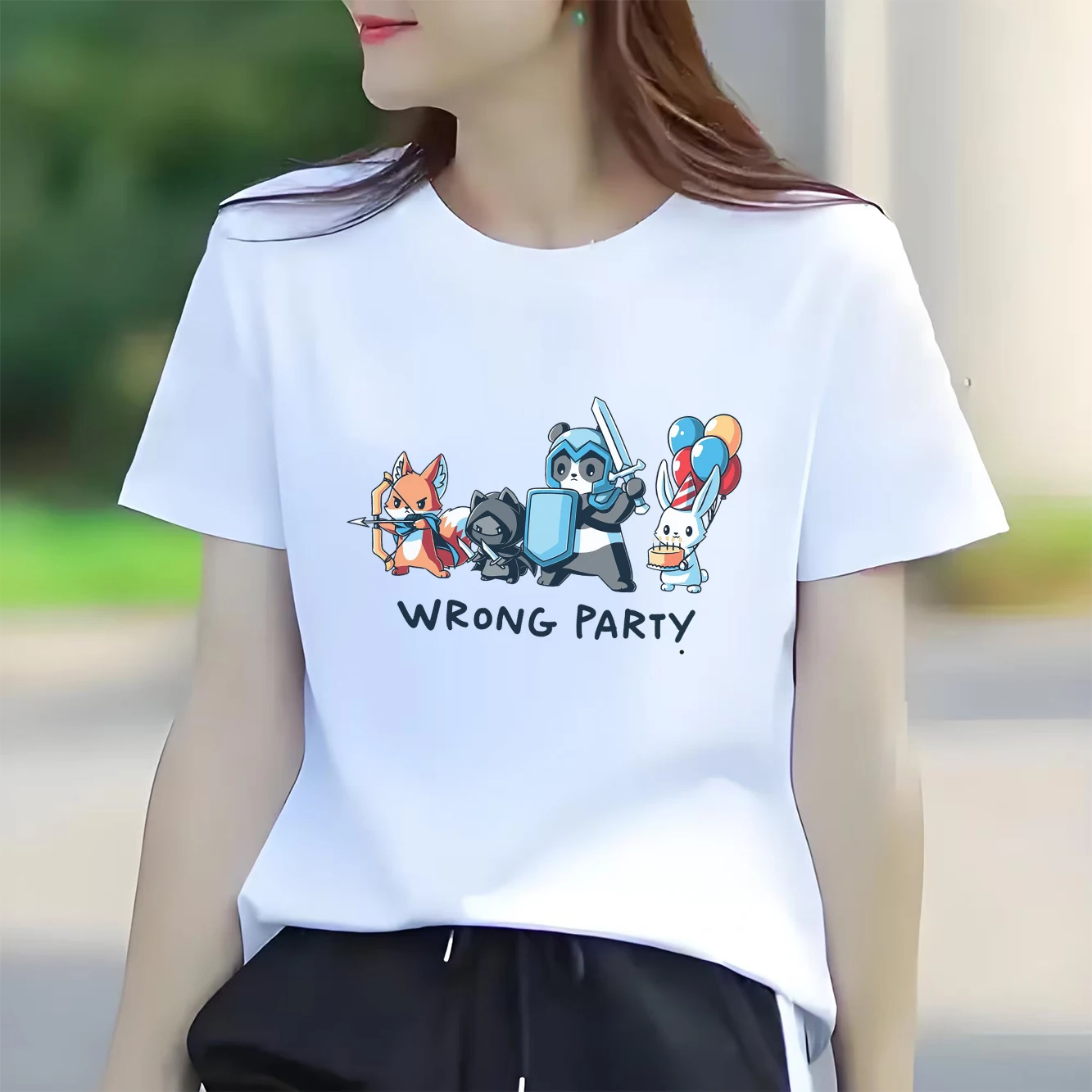 

Wrong party fun cartoon print simple, fashionable and comfortable women's short sleeved round neck T-shirt