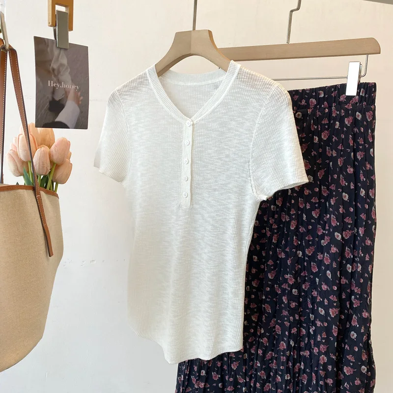 Dave&di 26 Summer New Product: Henry Neck Short Sleeve Knitted Shirt Bamboo Hemp Half Open Chest Small Button Pit Strip Top