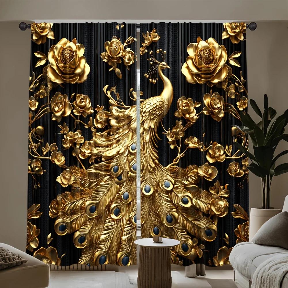 

2pcs Elegant Gold Peacock Sheer Curtains,Light-Filtering Window Treatments for Living Room, Bedroom, Kitchen, and Bathroom Decor