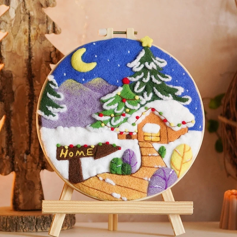 RUOPOTY Christmas Gift Diy Wool Felt Painting Kits With Embroidery Frame Snow House 20x20cm Needle Felting Painting For Home Art