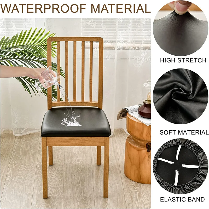 1PC PU Leather Chair Seat Cover Solid Color Waterproof Dining Chair Covers Elastic Chair Slipcovers for Home Banquet Office