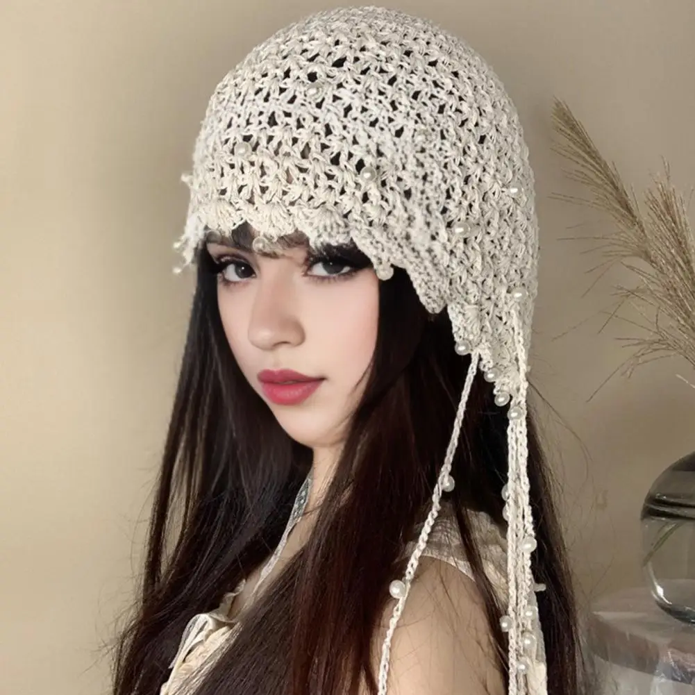 Women Crochet Hat Solid Color Ethnic Style Knitted Hat with Tassel Trim Lace-up Handmade Crochet Hat