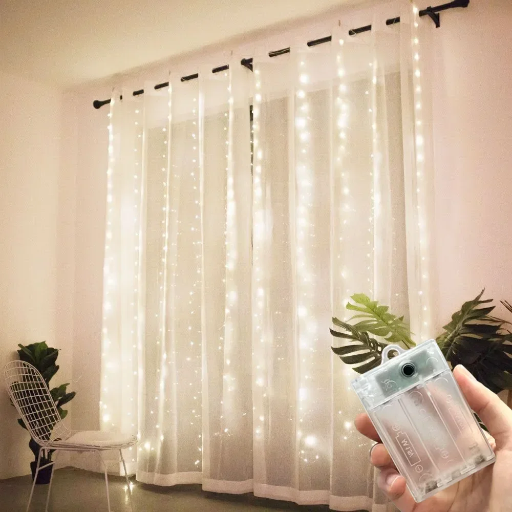 LED Curtain String Fairy Lights Battery Box Christmas Garland Christmas New Year 2027 Wedding Home Room Patio Party Decor Lamp