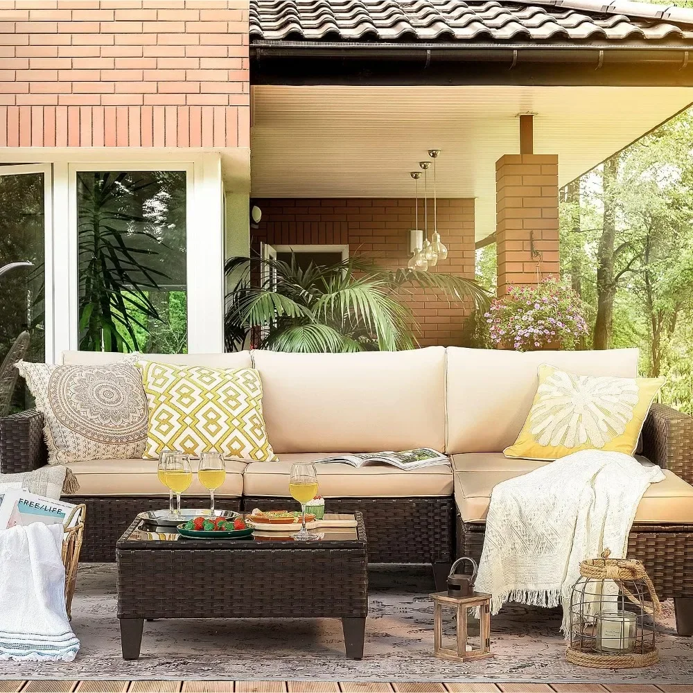 

-Outdoor Sofa Set of 5 with Thick Cushions & Tempered Glass Table, Patio Furniture Set 5 Piece Outdoor Wicker Sectional Sofa