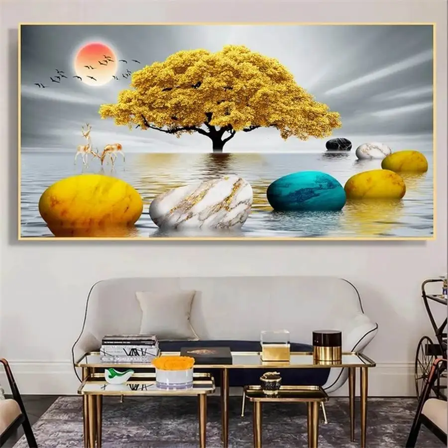 New Diy Large Size Moon Money Tree Deer Diamond Painting Full Mosaic Embroidery Golden Landscape Stone Rhinestone Picture AA5039