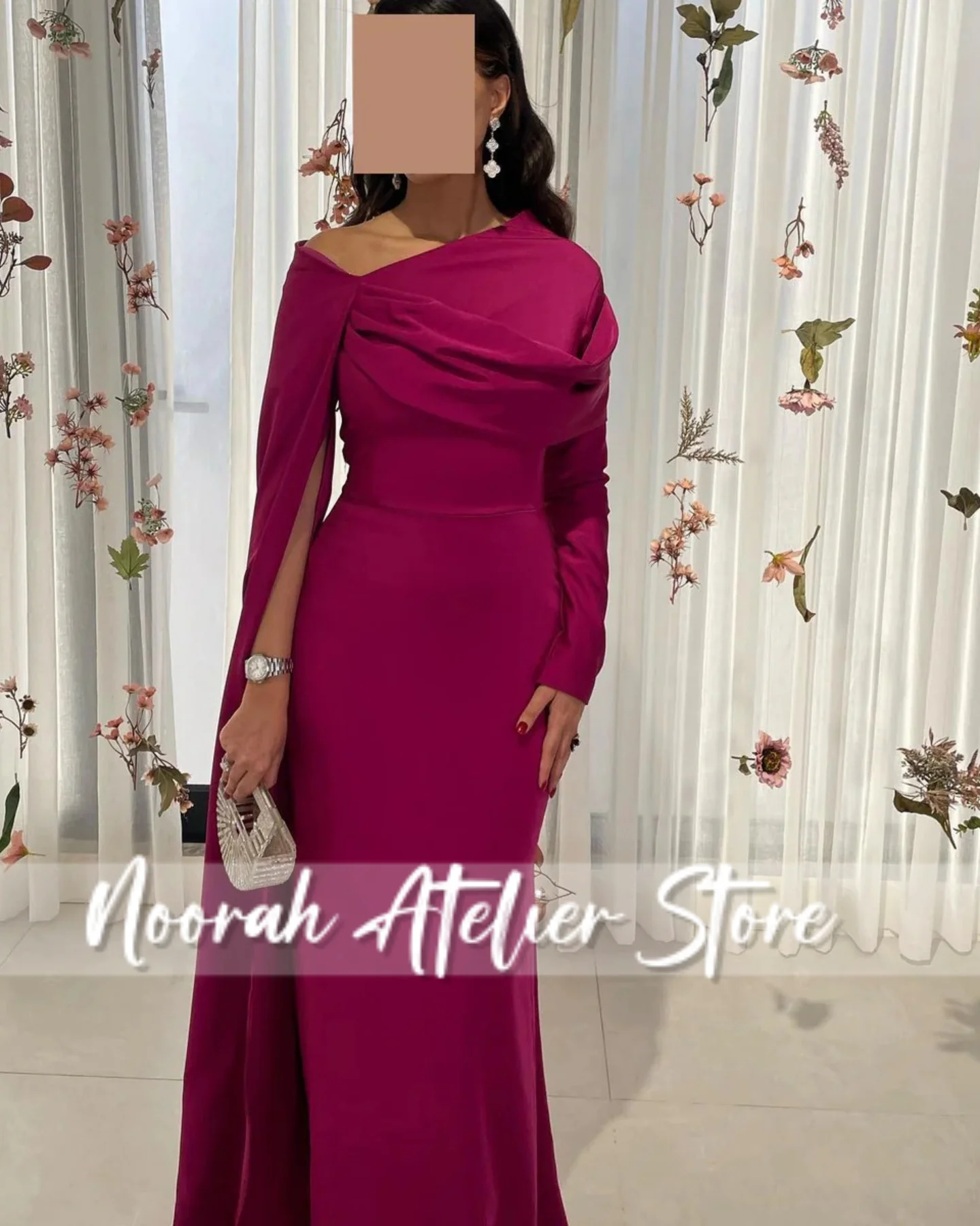 Fúcsia vermelho um ombro mangas compridas luxuoso de alta qualidade vestidos de noite femininos 2025 festa de casamento vestido longo personalizado