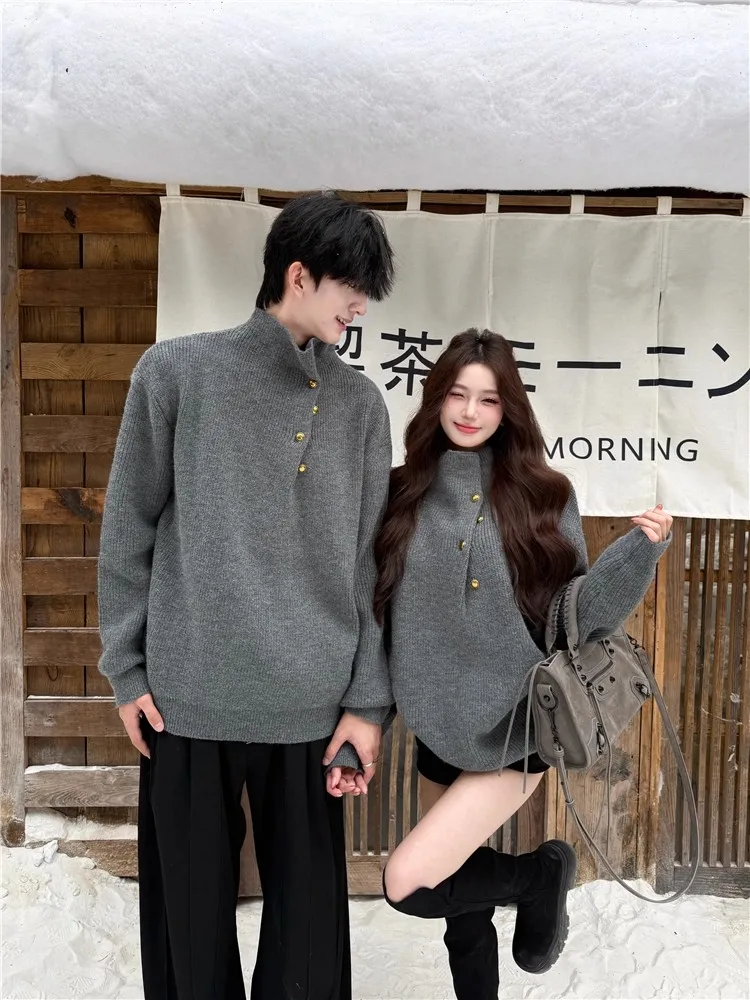 Gray Knitted Sweater Couple Matching Button Design Casual Style Midweight Long Sleeve Loose Fit Knitwear for Men And Women