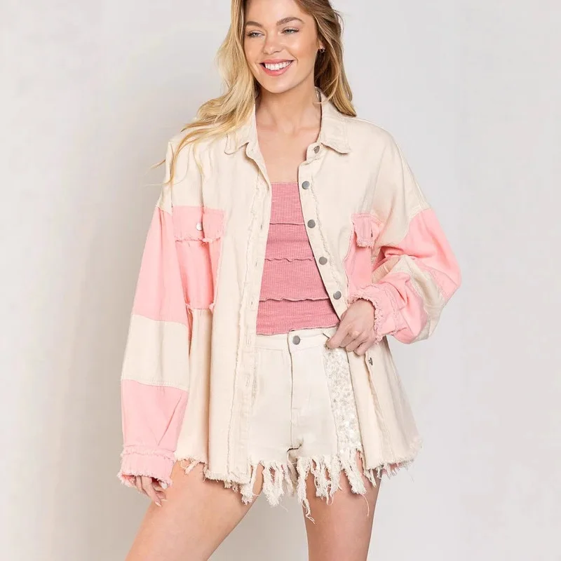 Women's Trendy Retro Washed Colorblock Denim Jacket Spring/Summer 2026 Flap Collar Casual Distressed Frayed Edge Coat