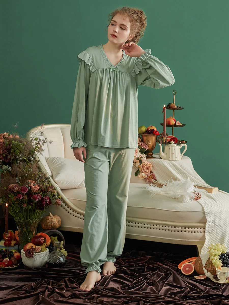 Vintage Soft Cotton Pajamas Set for Women Long Sleeve Delicate Loose Sweet Nightwear Spring Autumn Girls Fashion Nighty