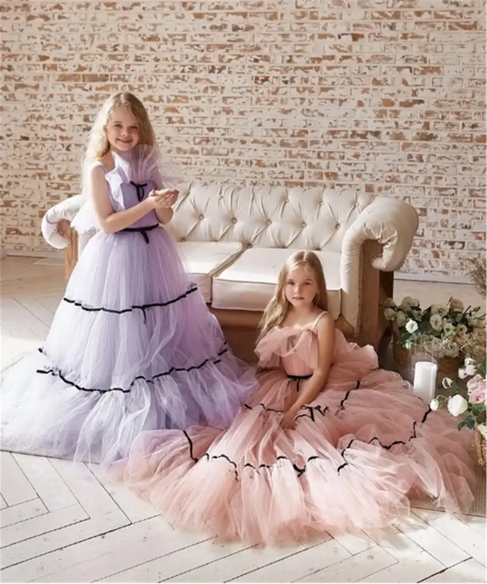 

Elegant Flower Girl Dresses For Weddings Sleeveless Spaghetti Straps Tulle Long First Communion Dresses Little Girls Customized