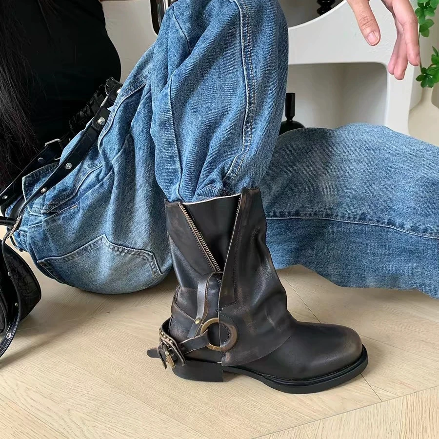 Women Men Washed Distressed pu Leather Biker Ankle Boots Round Toe Metal Buckle Zipper Block Heel Casual Streetwear Shoes Men