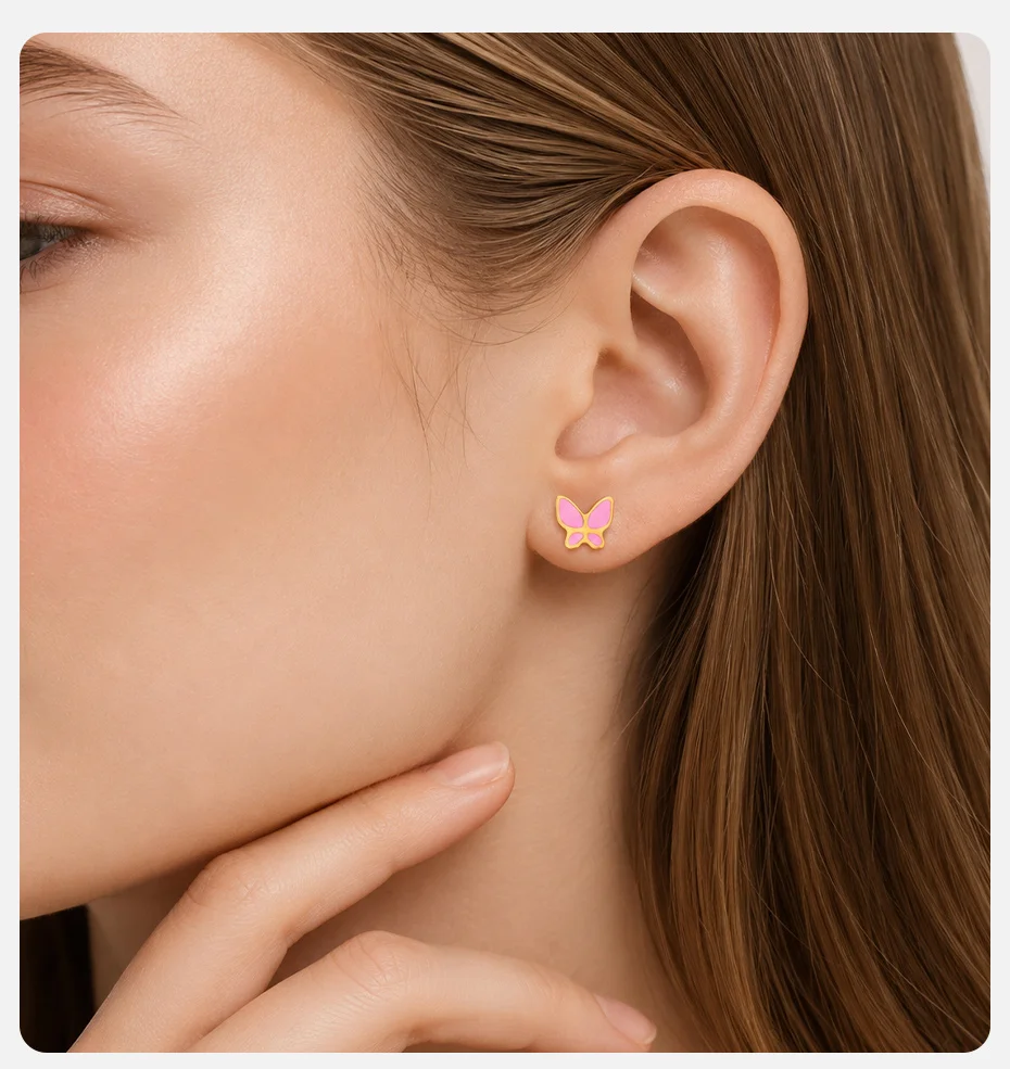 Vnox Süße Rosa Emaille-Schmetterling Ohrstecker mit Schraubverschluss für Frauen, Goldfarben, Edelstahl, Niedliche Tier-Ohrringe, Antiallergisch – Detail 2