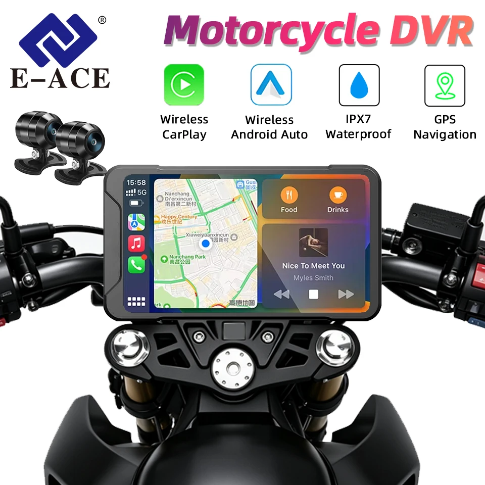 E-ACE 5 Inch Motorcycle DVR Navigation GPS Wireless CarPlay Android Auto IPX7 2K Dashcam Recording Moto Monitor
