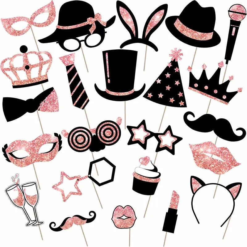 23-teiliges Set schwarze und goldene Papier-Fotorequisiten für Geburtstagshüte, Lippenstift, Krawatte, Krone, Fotografie-Requisiten, Hochzeiten, Partyzubehör – Detail 3