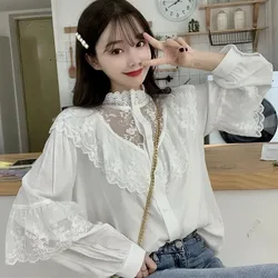 Ruffled White Autumn Sweet Loose Women Clothes Korean Blouse Fashion Stand Collar Lady Tops Vintage Long Sleeve Lace Shirt 11335