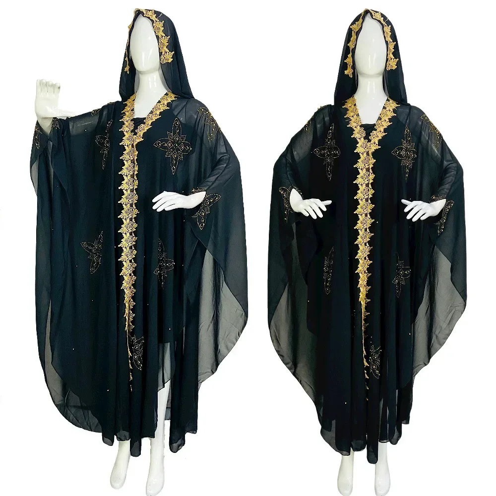 New Style Embroidered Beaded Diamond Stitching Muslim Dress African Large Size Women's Clothing Hooded Long Gown