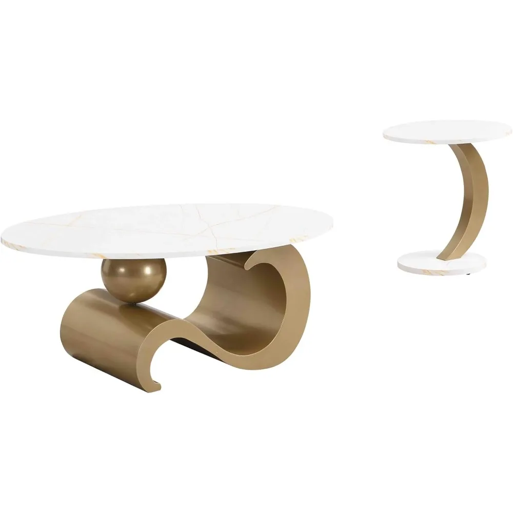 2 Piece Living Room Set, Modern Nest Coffee Table Set of 2, Faux Marble Tabletop Oval Coffee and End Table Set with Gold Iron Ge