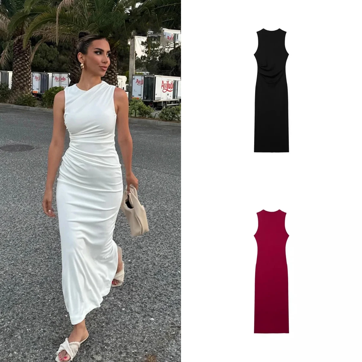 Women Fashion Solid Pleated Slim Fits Midi Dress Vintage O-Neck Sleeveless Female Chic Lady Dresses