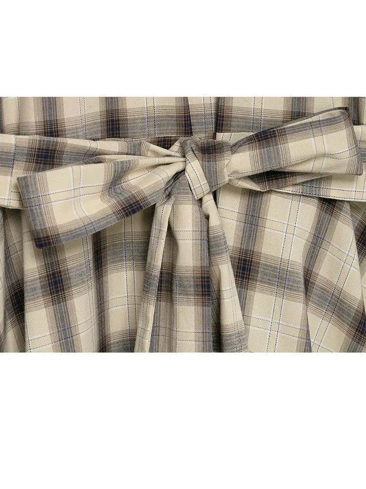 Sukienka damska w stylu retro, z okrągłym dekoltem, w kratę, z długim rękawem, elegancka, z paskiem, z kieszeniami, codzienna, o kroju litery A.