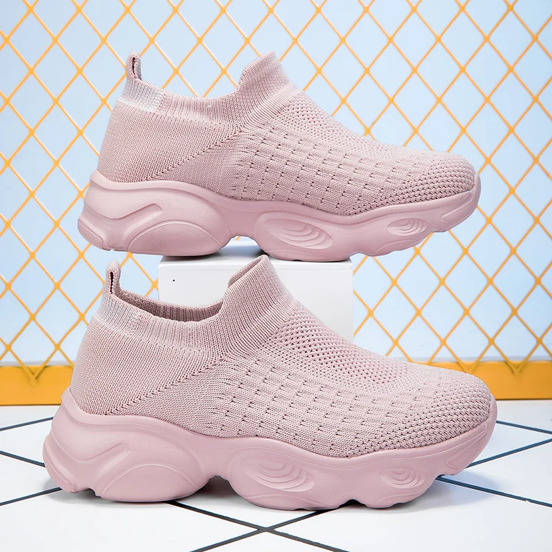 A pair of children's slip on knit sneakers, breathable stretch casual shoes, lightweight cushioned daily walking footwear CH-687
