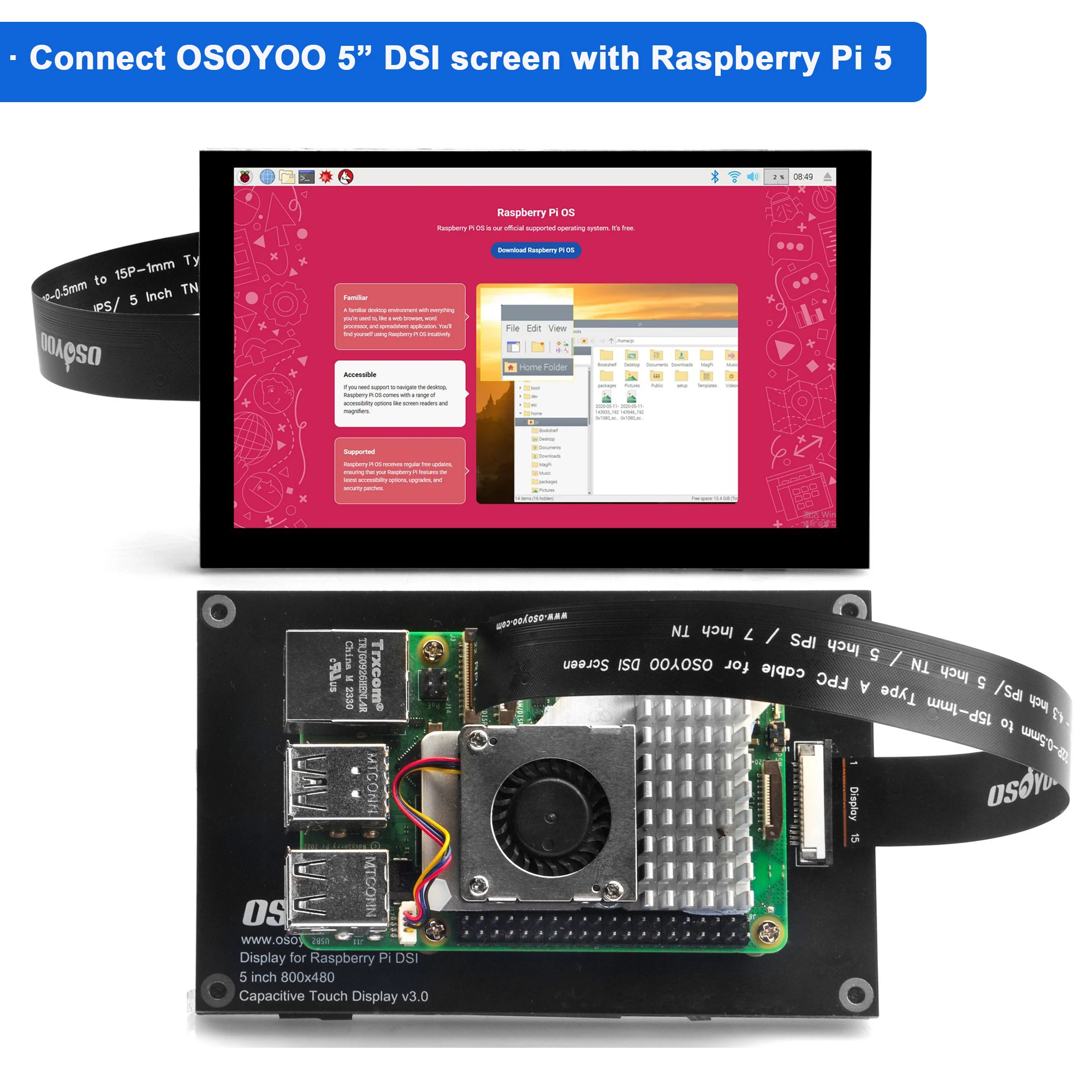 OSOYOO 15 Pin interfaccia passo 1.0mm e l'altra estremità è 22 Pin 0.5mm interfaccia per Raspberry Pi 5 con schermo OSOYOO DSI