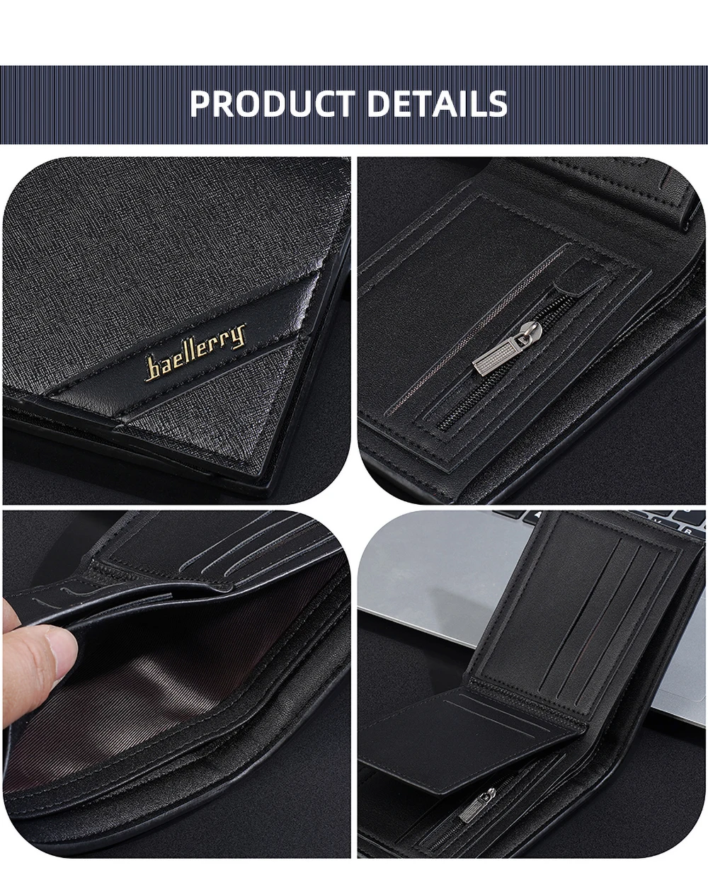 Baellerry Herren-Geldbörse mit RFID-Blockierung, kurzes Bifold-Portemonnaie, hochwertiges, rutschfestes Leder, Kartenhalter mit Münzfach mit Reißverschluss, sicher M – Detail 15