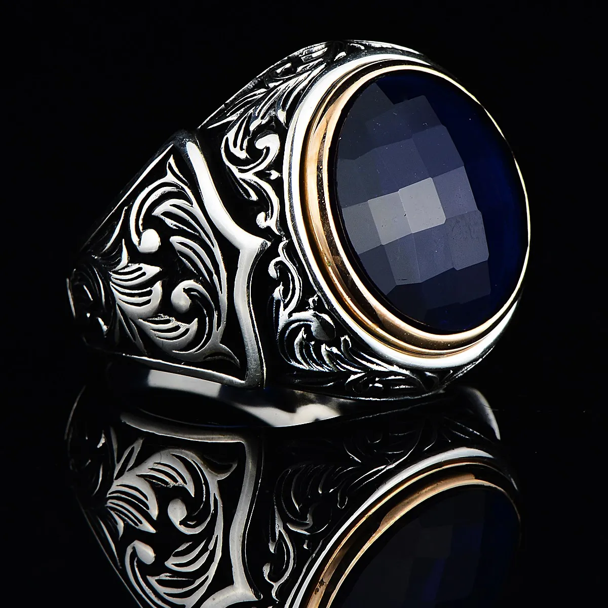 

Men Blue Stone Ring , Zircon Round Sapphire Stone Ring , Turkısh Handmade Ring , Ottoman Style Ring , 925k Sterling Silver Ring