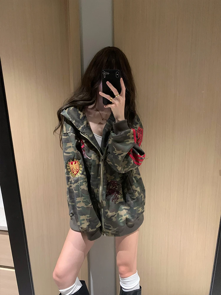 Amerikanischen Retro Camouflage Lange Sve Hut Hoodie Frauen Frühling Herbst Lose Faul Offenen Pullover Mantel Straße Sport Casual Lose...