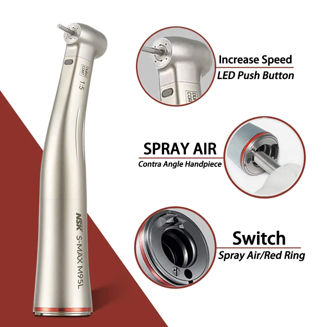 NSK S-MAX M95L contraangulo Spray Air On/Off Switch Dental 1:5 Increasing Speed Handpiece Contra Angle Optic Fiber Red Rings