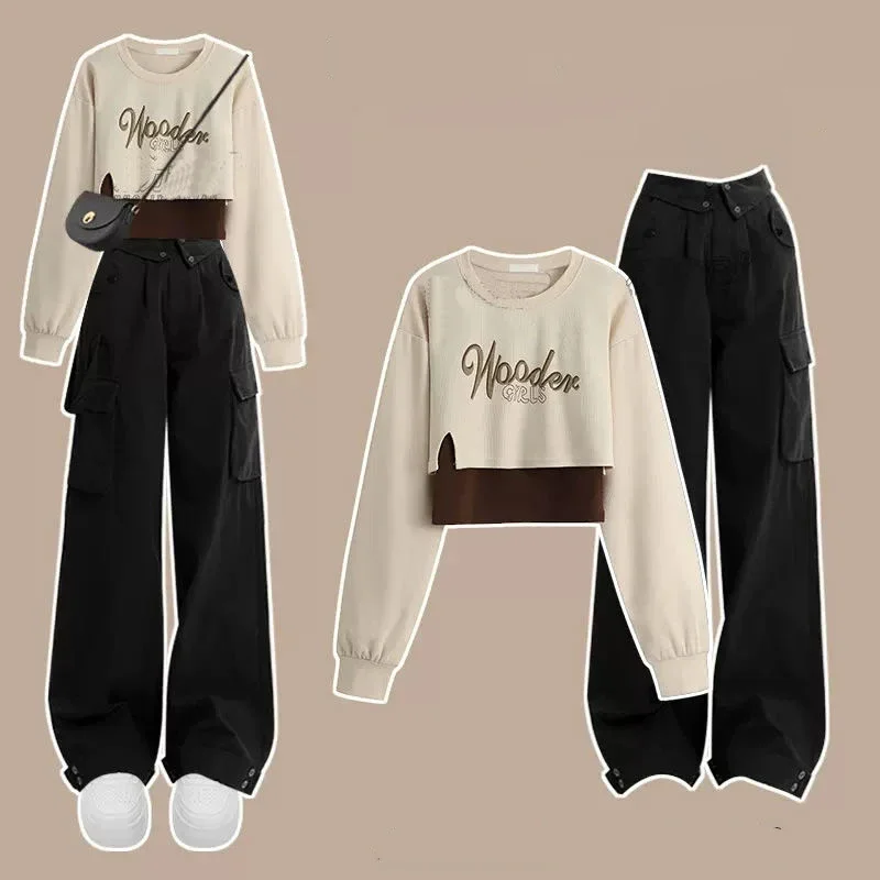 Sweet Cool Set Female Student Korean Edition Loose Retro Round Neck Hoodie Strap Work Pants 3-Piece Women\'s Pants Set