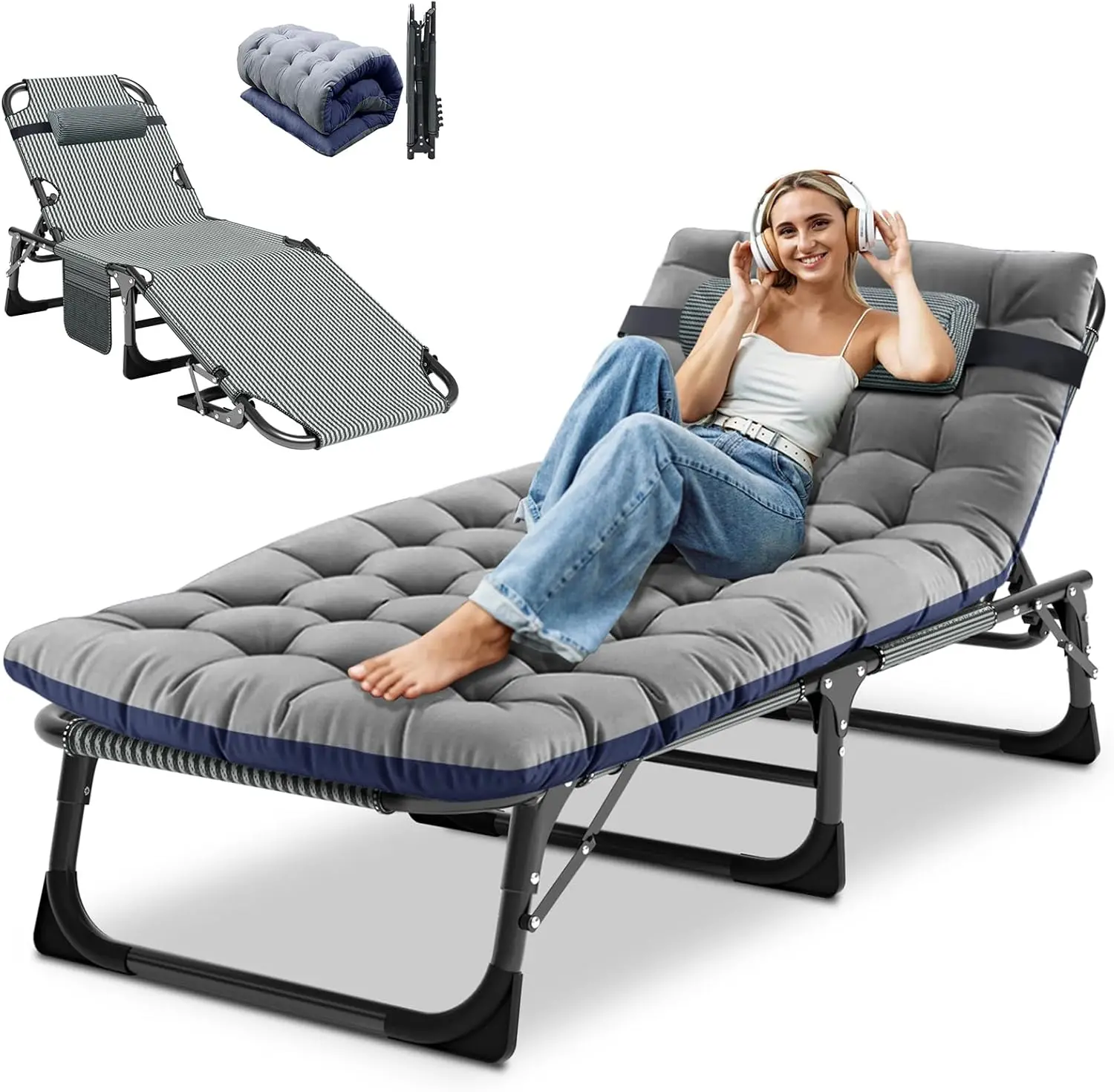 Folding Chaise Lounge Chair, Folding Cot, 5-Position Adjustable Heavy Duty Patio Chaise Lounges