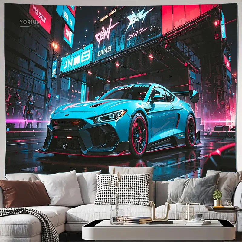 Cyberpunk Neon City Street with Blue Sports Car and Digital Billboards Tapestry Machine Washable All Season Decor Home non-toxic