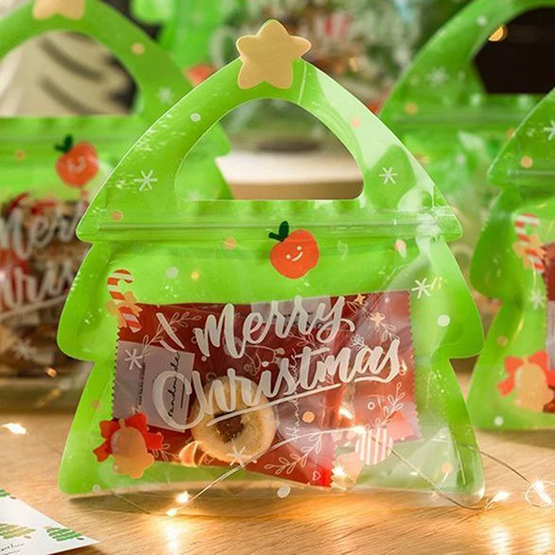 Bolsa de regalo con asa de árbol de Navidad para dulces, galletas de Chocolate, turrón, embalaje de galletas, bolsas de embalaje con cremallera de regalo