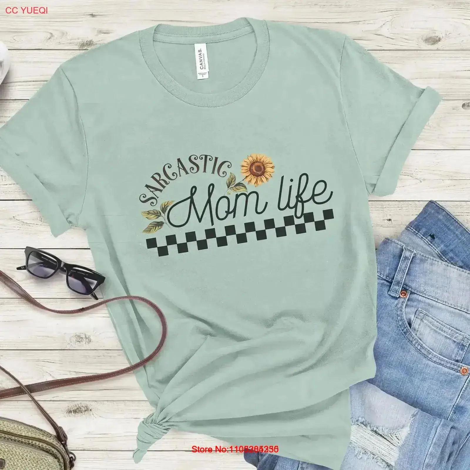 T-shirt Sarcastic Mom Life Funny Sunflower Bella Canvas 3001 en blanc, bleu poussiéreux naturel, rose charité, rétro vintage délavé