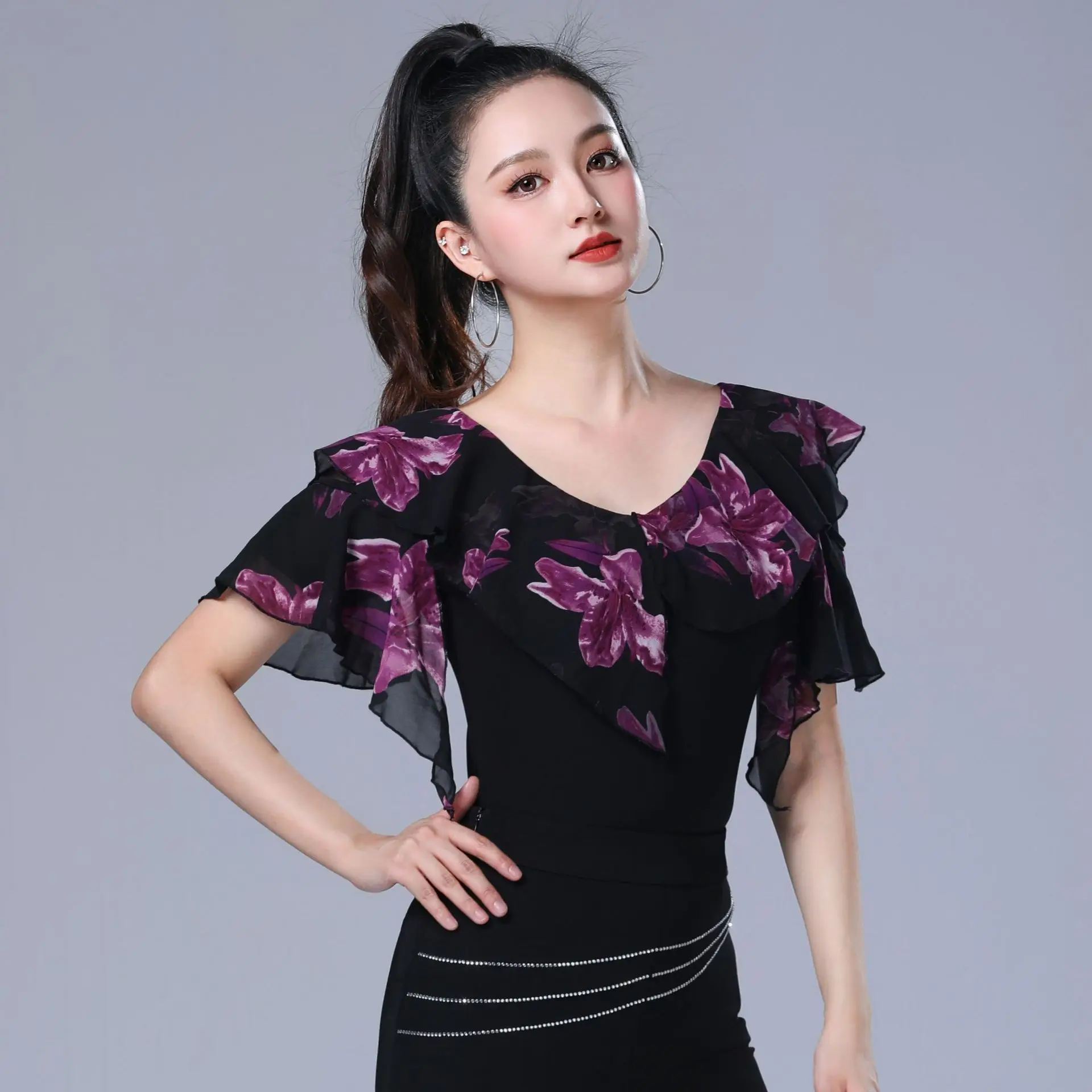 

Национальный стандарт, топ для современных танцев, женская элегантная шифоновая одежда с принтом для латинских танцев, одежда для выступлений