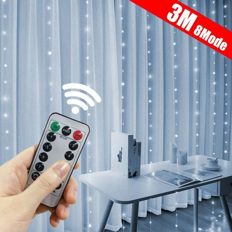 USB LED Curtain Lights with Remote Control 8 Modes Fairy Garland Lamp for 2025 New Year Christmas Wedding Party Bedroom Decor