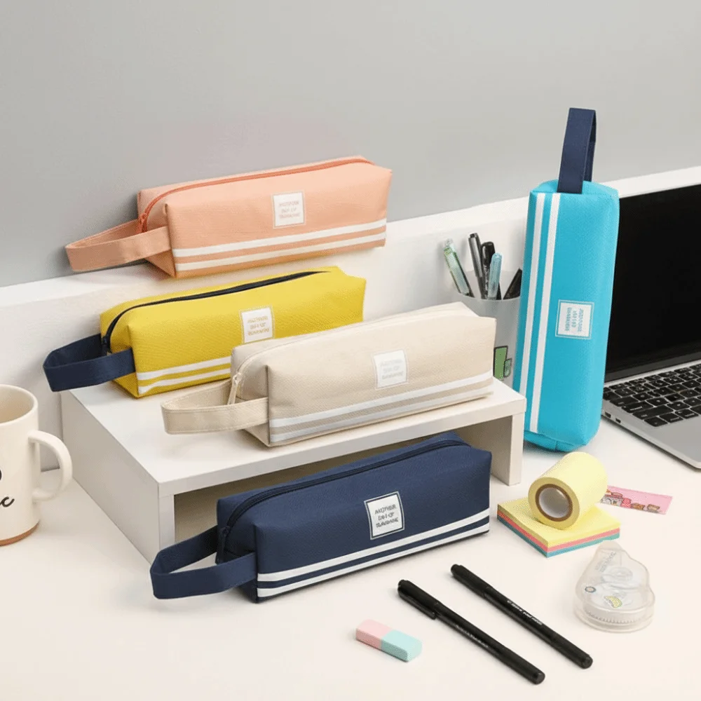 Canvas Large Capacity Pencil Case Portable Multi-function Pencil Box Kawaii Solid Color Stationery Organizer Student