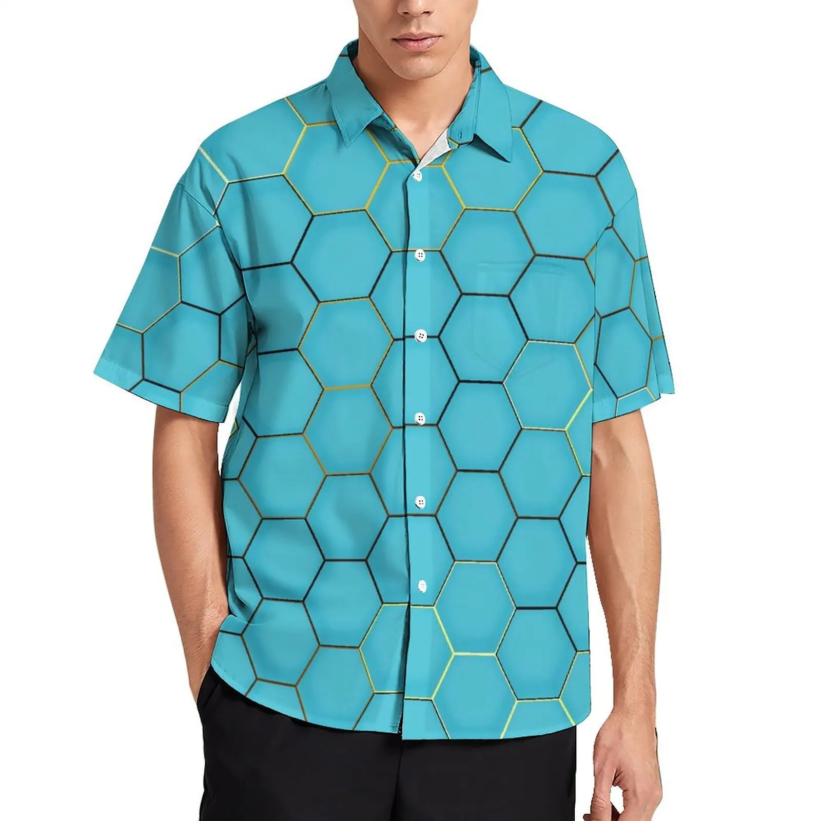 

Geometric Vacation Shirt Men Abstract Line Hexagon Classic Casual Shirts Summer Short Sleeve Comfortable Plus Size Blouses