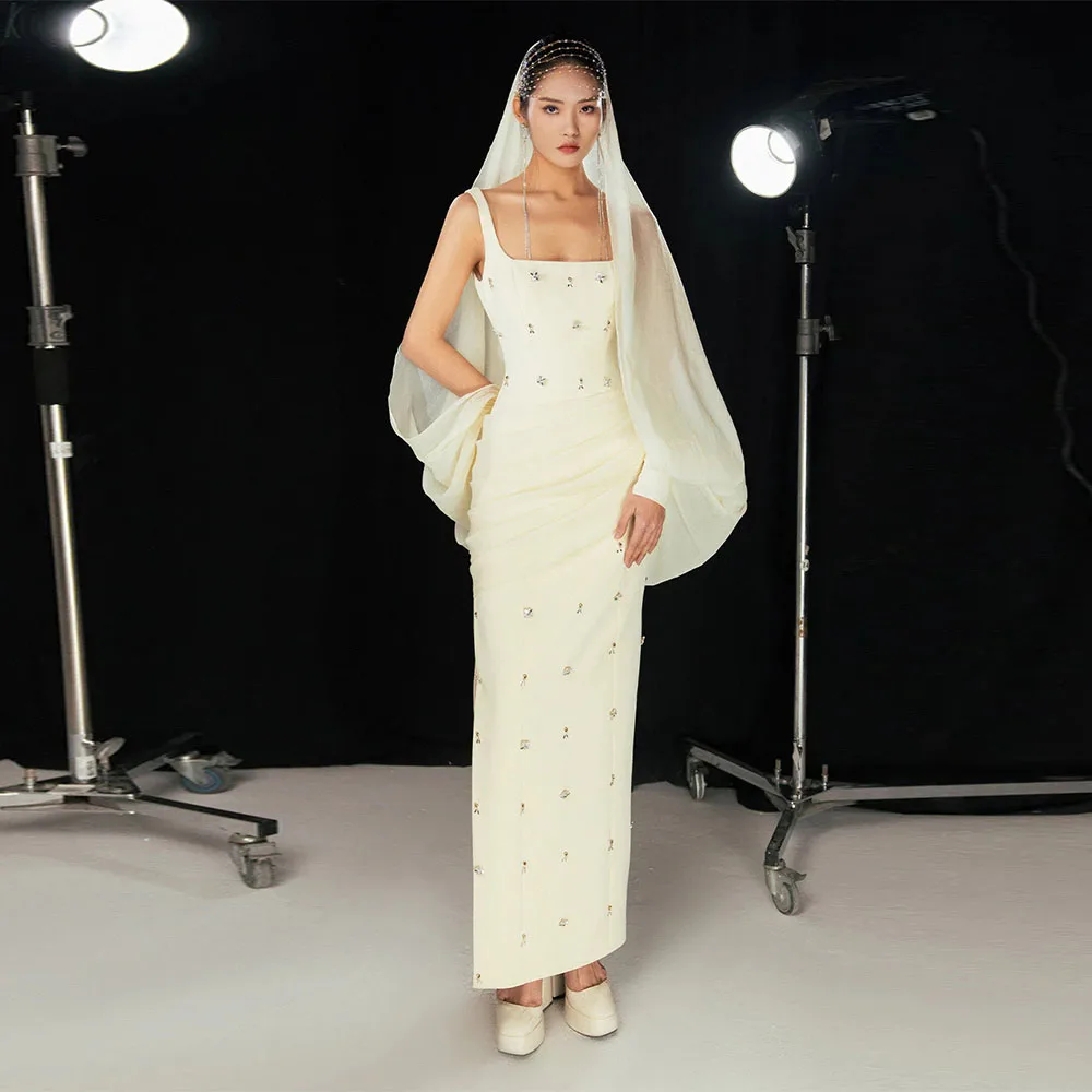

Luxury Beading Evening Dress For Wedding Spaghetti Straps Women's Evening Gown With Veil Sleeveless Trumpet Long Formal Dresses