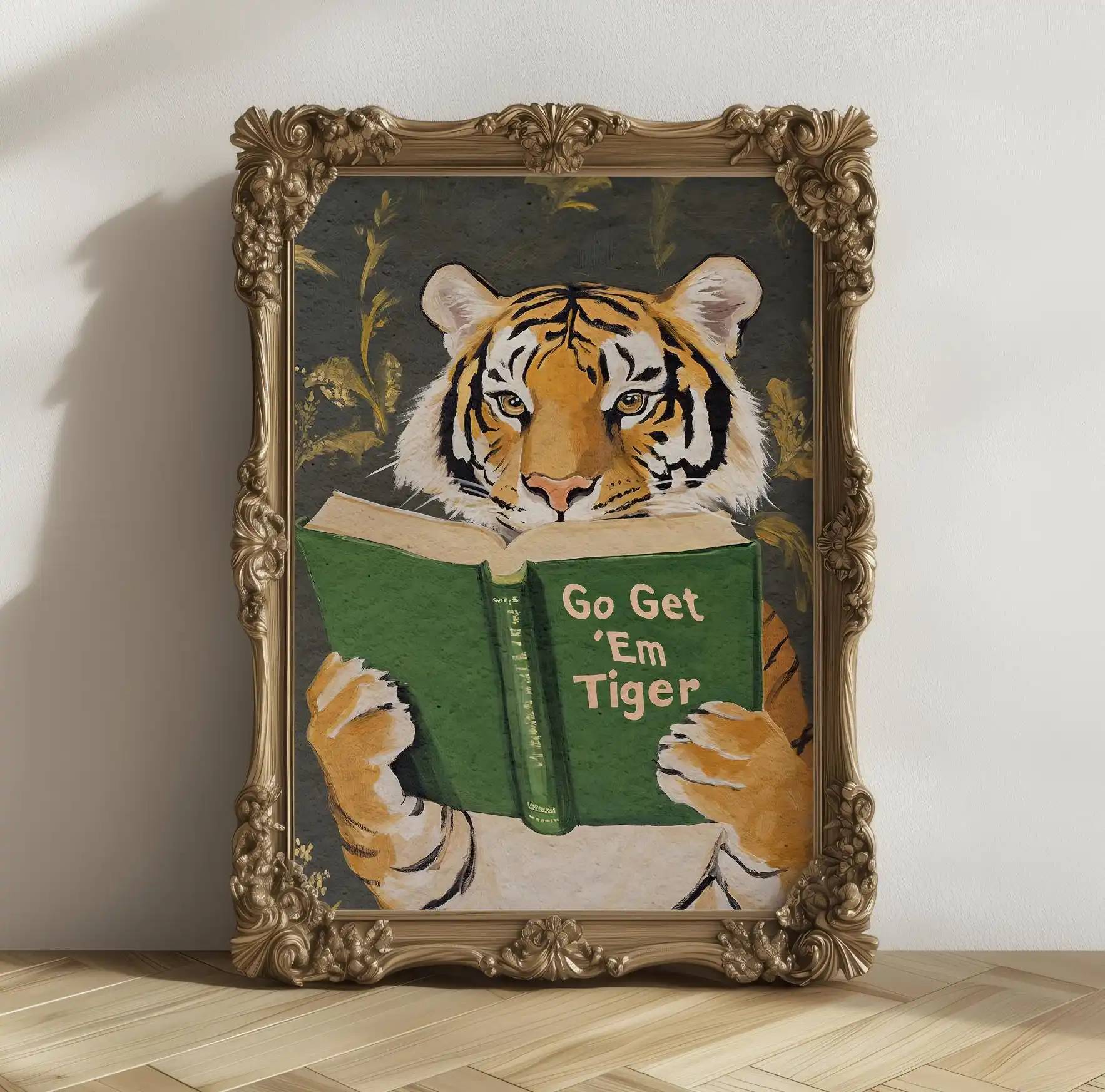 Motivational Tiger Reading Print: Humorous Bookworm Wall Art for Library, Office, or Study Decor