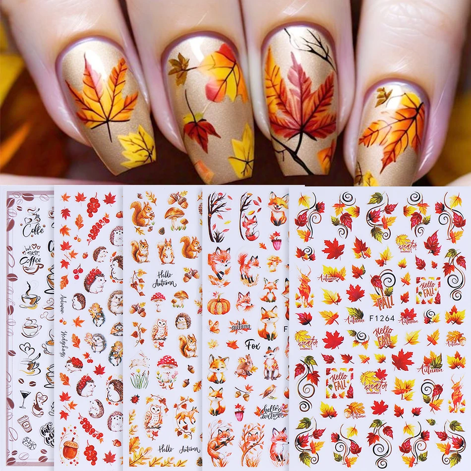 5pcs Autumn Winter Maple Leaf Nail Stickers Squirrel Fox Coffee Flower Self-Adhesive Nail Decal Thanksgiving DIY Manicure Decor