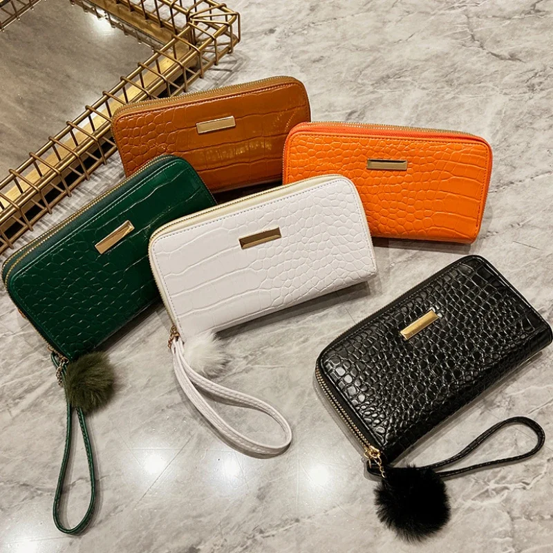 

Длинный кошелек с тиснением крокодила, женская повседневная сумка для телефона с двойной молнией и браслетом