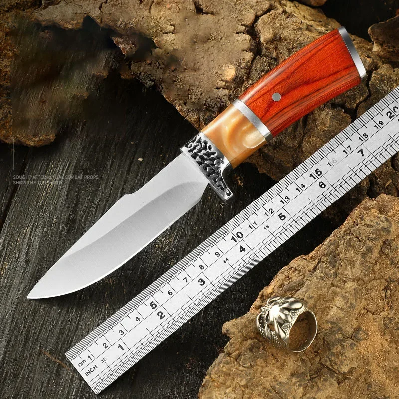 Dropship 4CR13 Stainless Steel Resin Colored Wood Handle  Fixed Blade Knife Outdoor Camping Barbecue Grilled Meat Cutter Tool